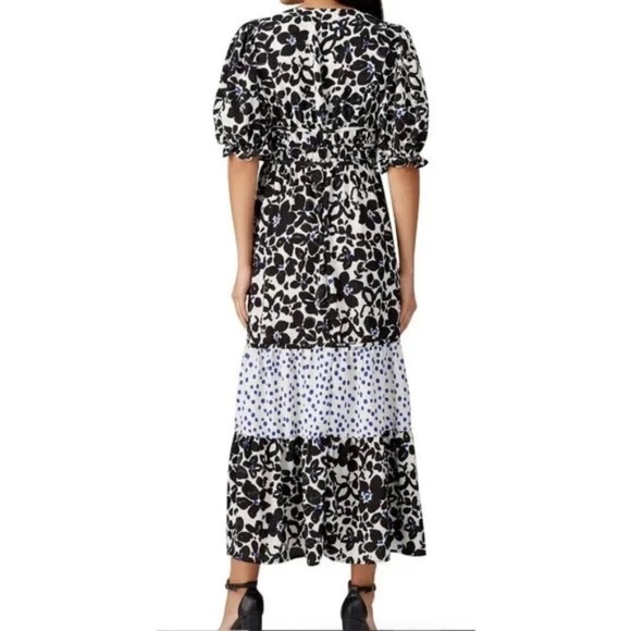 LOVE, WHIT by Whitney Port Dress - Black, White, Blue V-Neck Floral Puff Sleeve - Picture 2 of 5